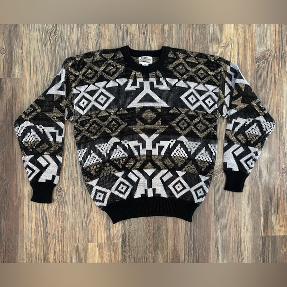 Expressions Other - Vtg Expressions Knit Sweater Mens XL Black Gray Brown Abstract Grandpa Eclectic